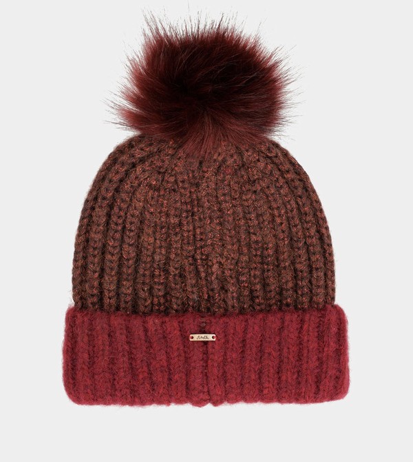 Anekke Burgundy Knitted Beanie With Pompom Hats | VUF-450293